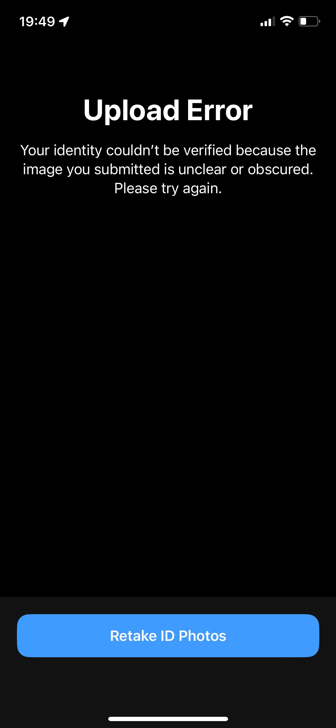 Screenshot of the Apple Developer App with a rejection message stating that my identity couldn&rsquo;t be verified because they couldn&rsquo;t read my ID