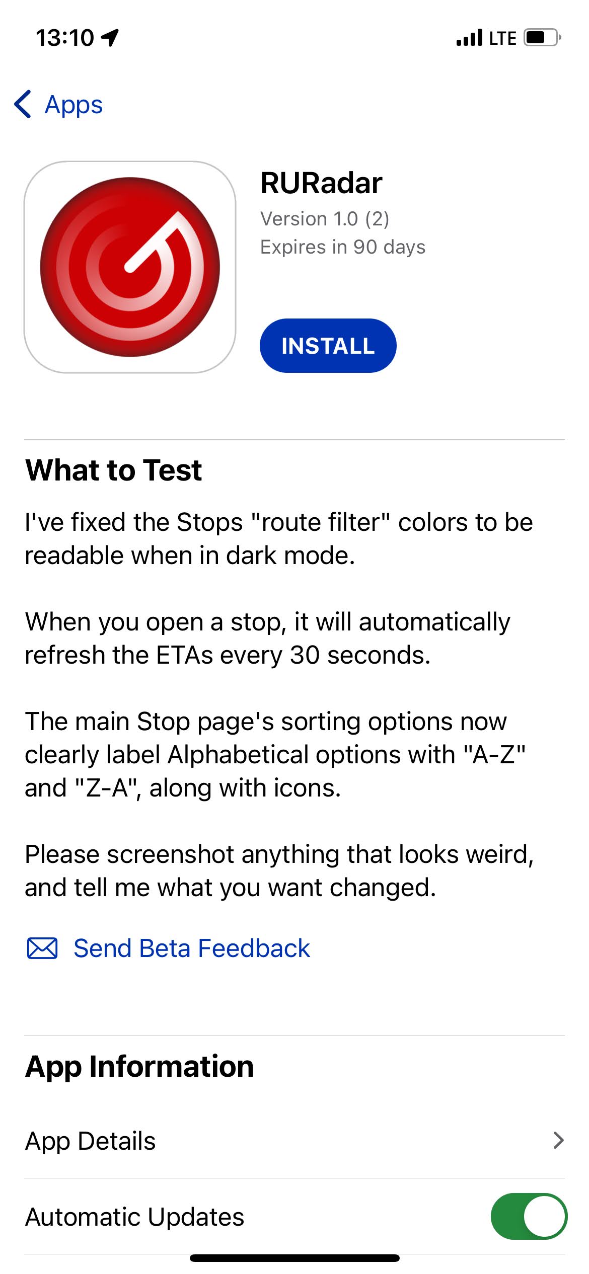 A screenshot of the TestFlight page