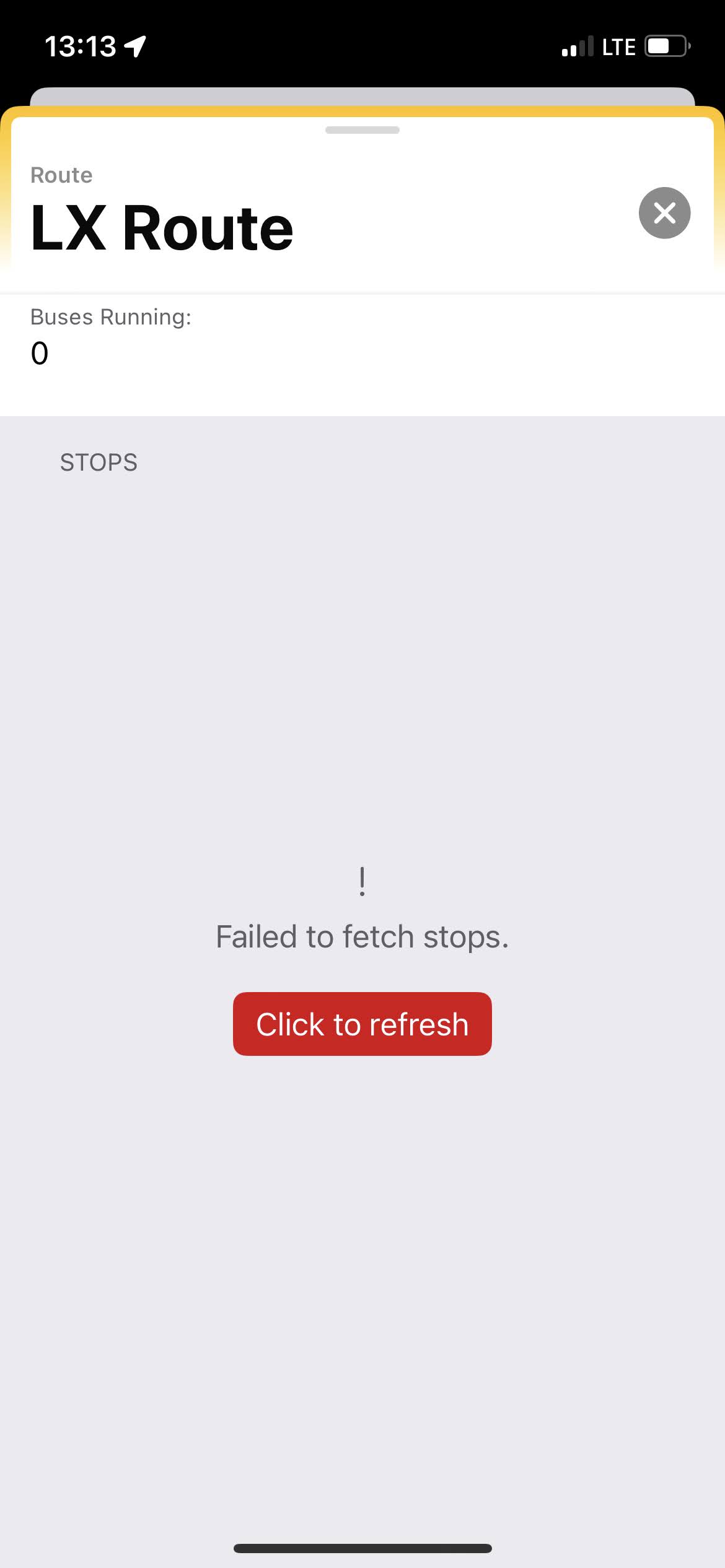 A screenshot of a route page in RURadar. There&rsquo;s an error fetching the stops.