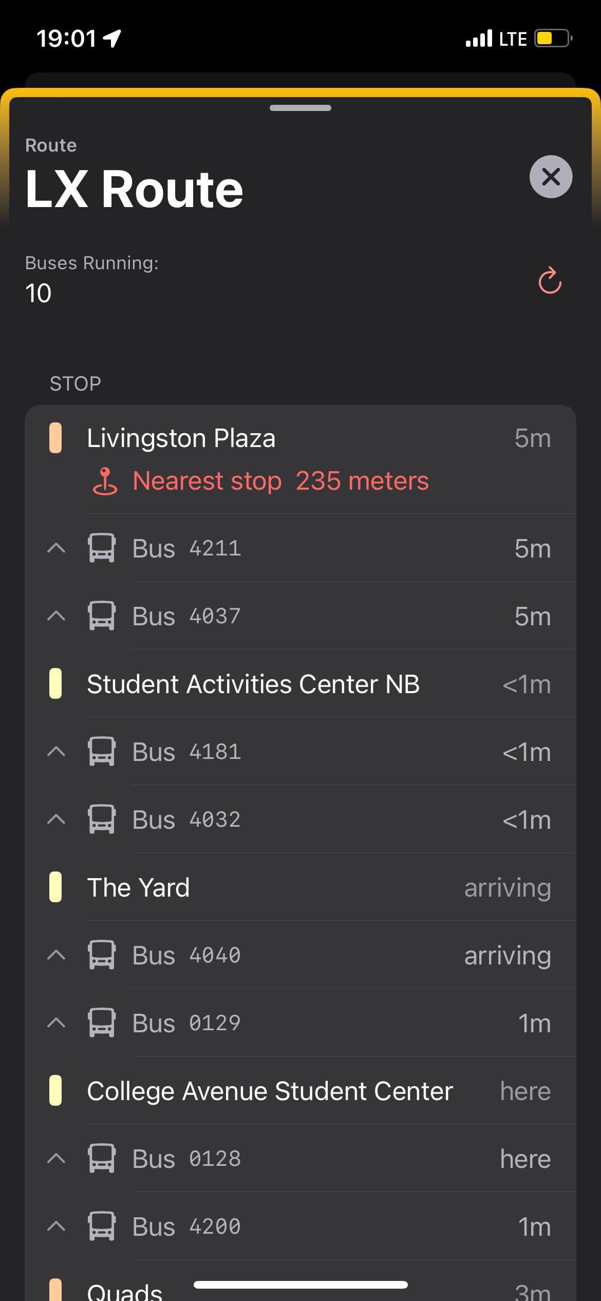 A screenshot of a route page, this time, with buses and stops, listed in their order of how long they were along the route.