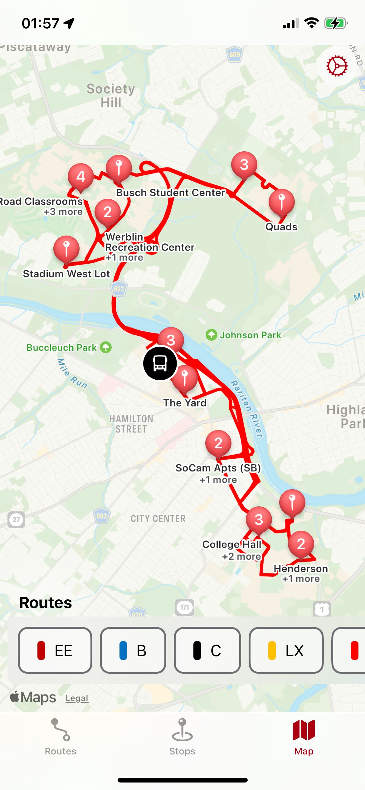 A screenshot of map page. This time, it&rsquo;s got stops, routes, and even buses!