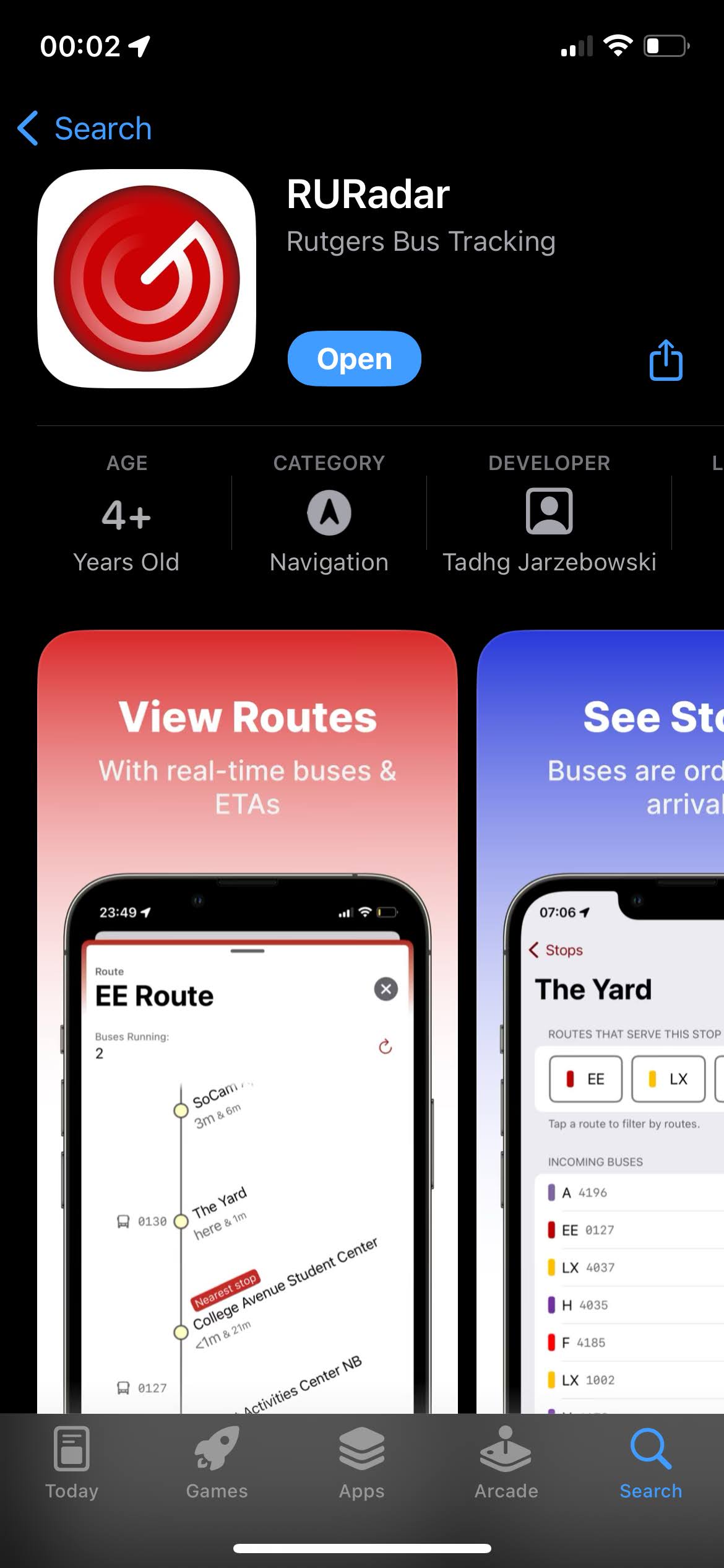 A screenshot of App Store listing for RURadar