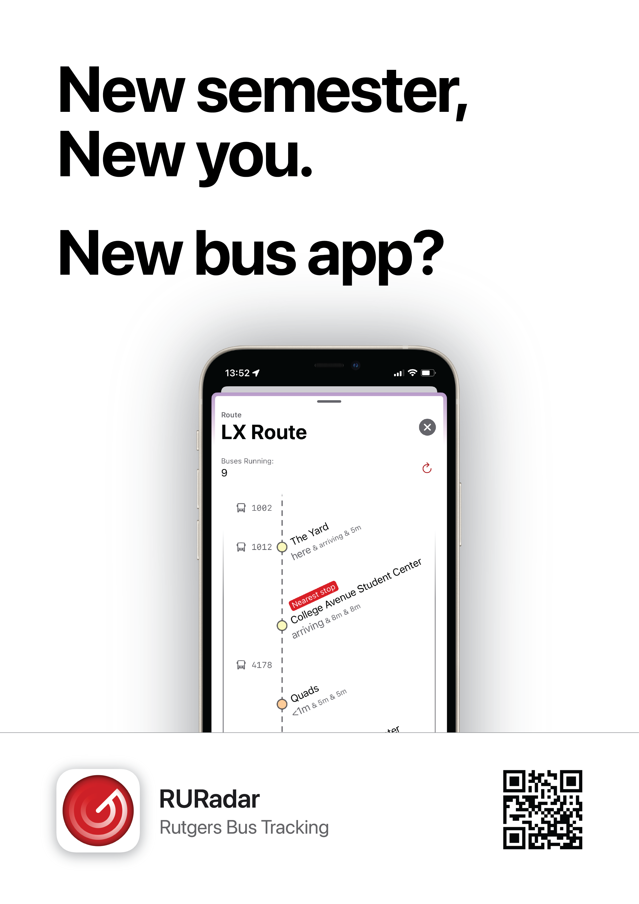 An advertisement for RURadar stating &ldquo;New semester, new you. New bus app?&rdquo; with hero graphics, and a QR code to download the app.