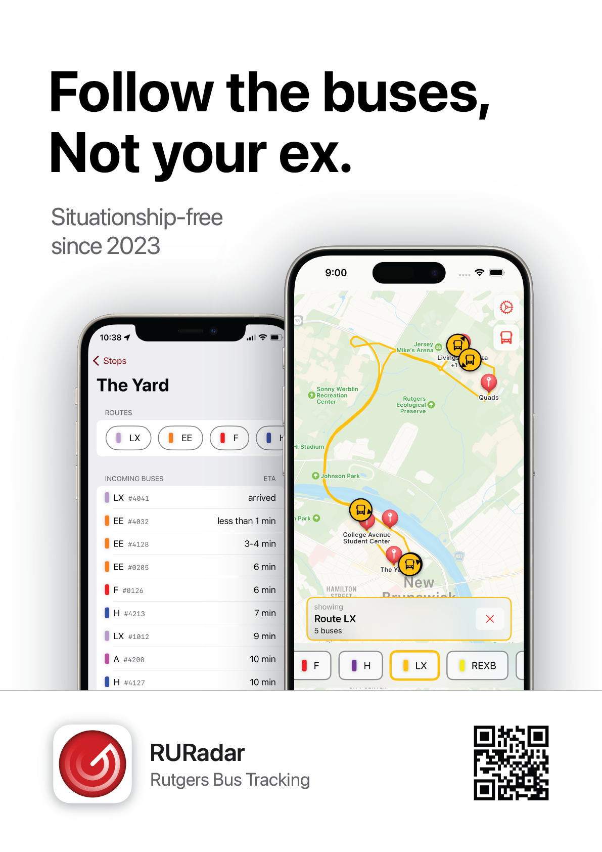 An advertisement for RURadar stating &ldquo;Follow the buses, not your ex.&rdquo;, with a subline of &ldquo;Situationship-free since 2023.&rdquo;